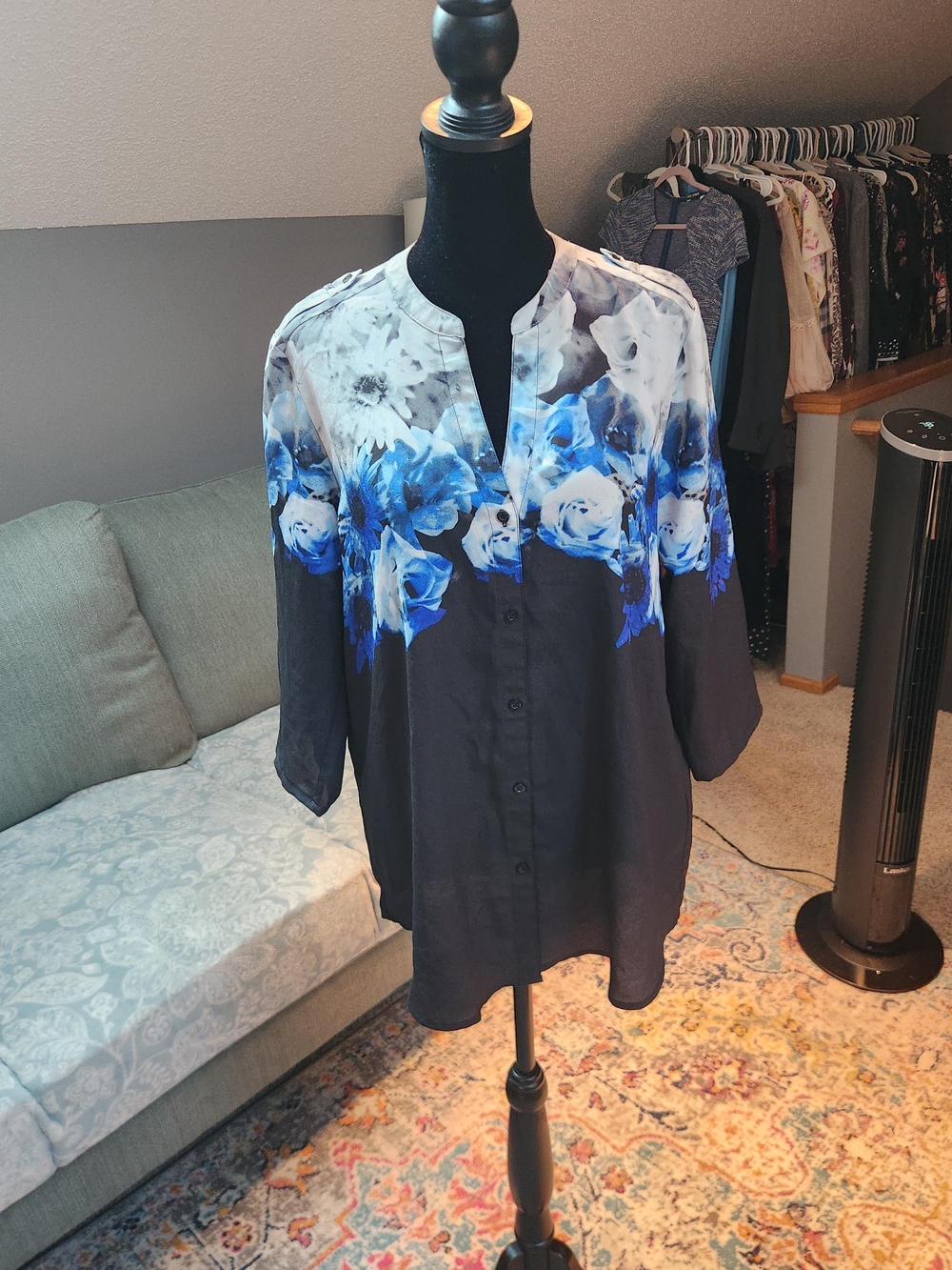 Calvin Klein Black Button-down blouse With Blue Floral Print Medium